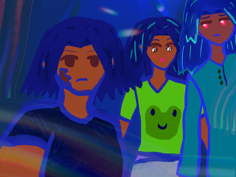 there's two mysterious men possibly named antonio standing. the one taking a selfie of himself and the two behind him is buff and sexy at 35 with a scar on his face. he wears a black shirt that is ripped in a muscle way. his hair is black and falling around his face (shown in a dark blue tone). he has brown eyes and light to medium bronze skintone. behind him is a twink version of him at 21 or so with a light green t-shirt and a kawaii frog on it. there's an implication of a violet shirt beneath. he wears gray pants. his brown eyes are sparkling like heck. in front of him is a tall awkward gangly 15-year-old antonio chandrani-rivera with blue hair like waves, a neutral expression, red eyes, brown skin that's darker and wearing a teal panjabi.